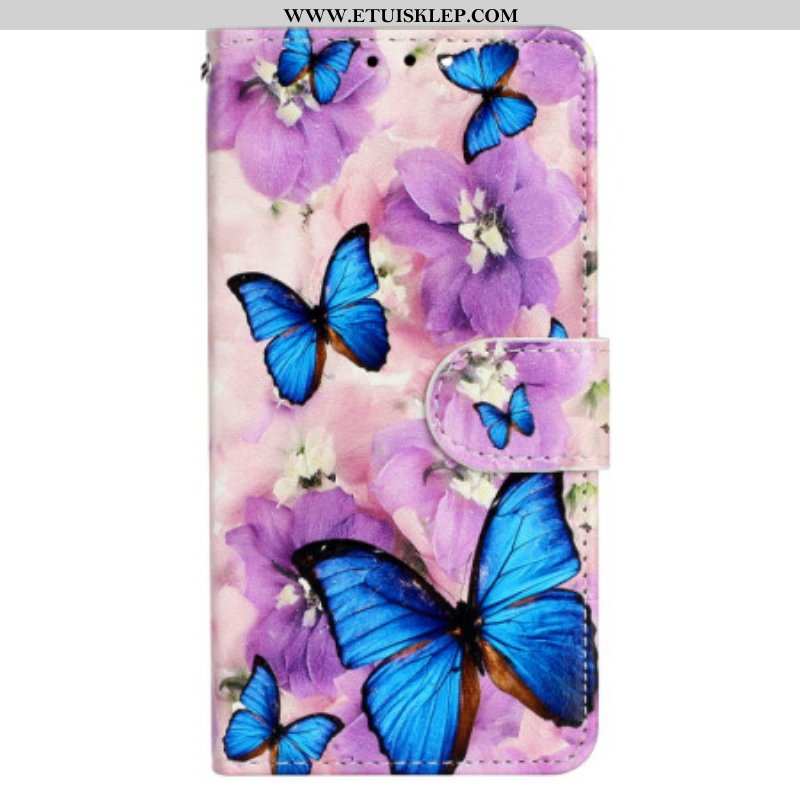Obudowa Etui Na Telefon do iPhone 15 z Łańcuch Małe Niebieskie Motyle Z Paskiem